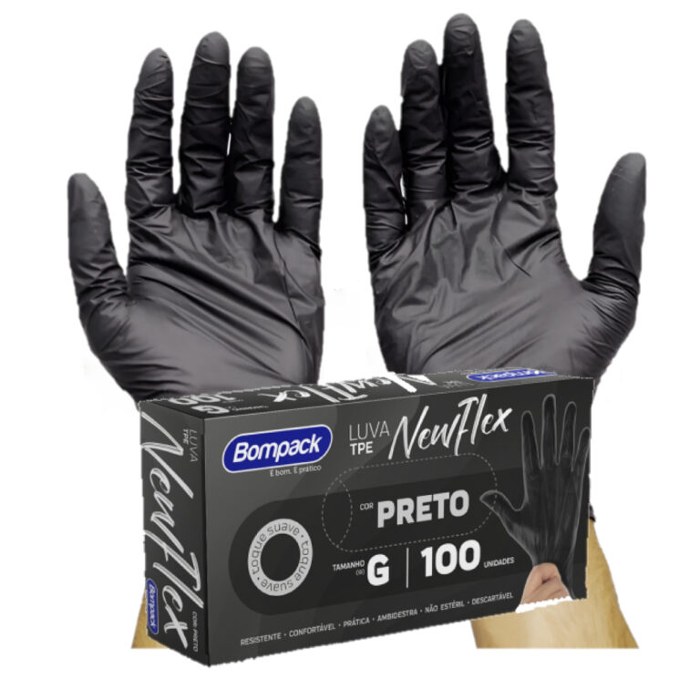 Kit 100 Luvas pretas sem pó viniflex descartávei