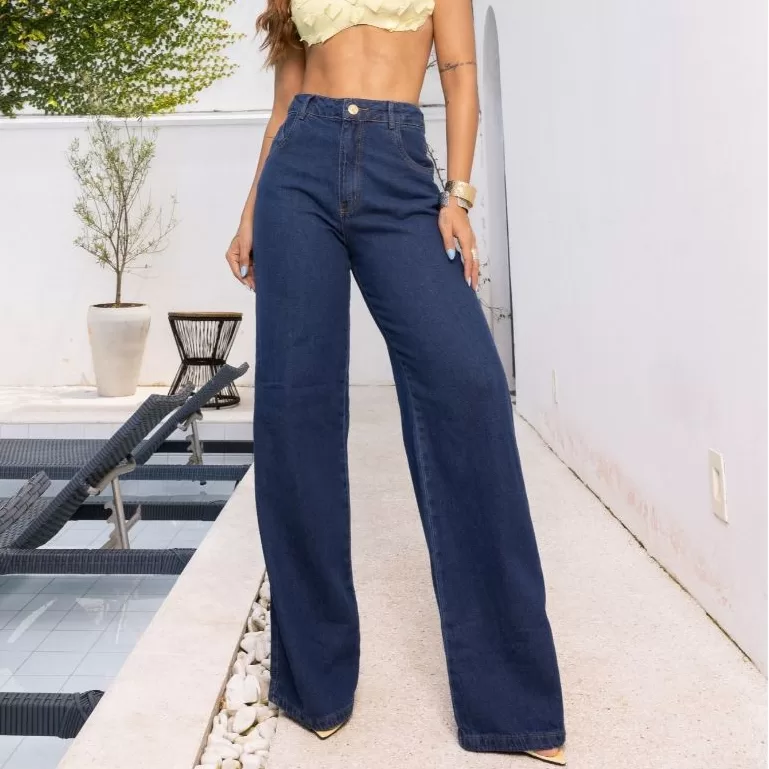Calça Wide Leg Jeans Feminina Tradicional Linha P
