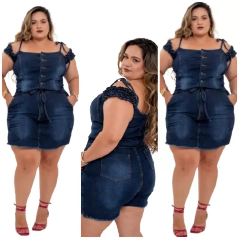 Jardinheira Short Saía Jeans Feminino Plus Size Laycra Mulher