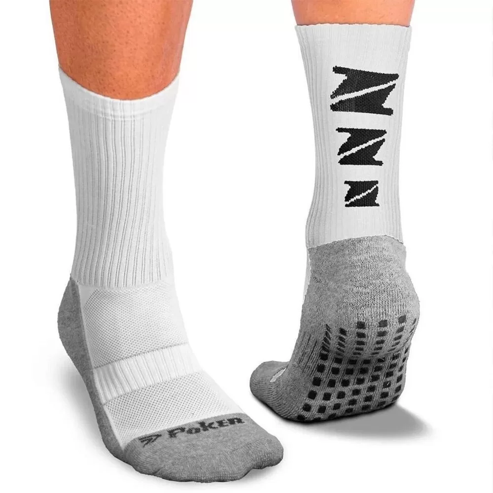 Meia Poker Esportiva Antiderrapante – Branco e Cinza