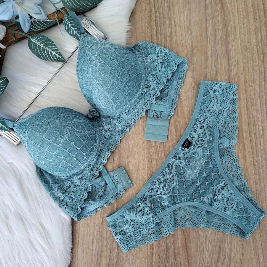 Conjunto Sutiã Com Bojo e Calcinha Rendado Sexy Confortável Dia a Dia Barato Sensual Em Renda