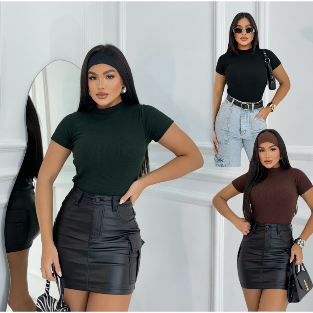 Blusinha Feminina Camiseta Canelada Básica Blusa Elegante Dia a Dia Manga Curta Verão