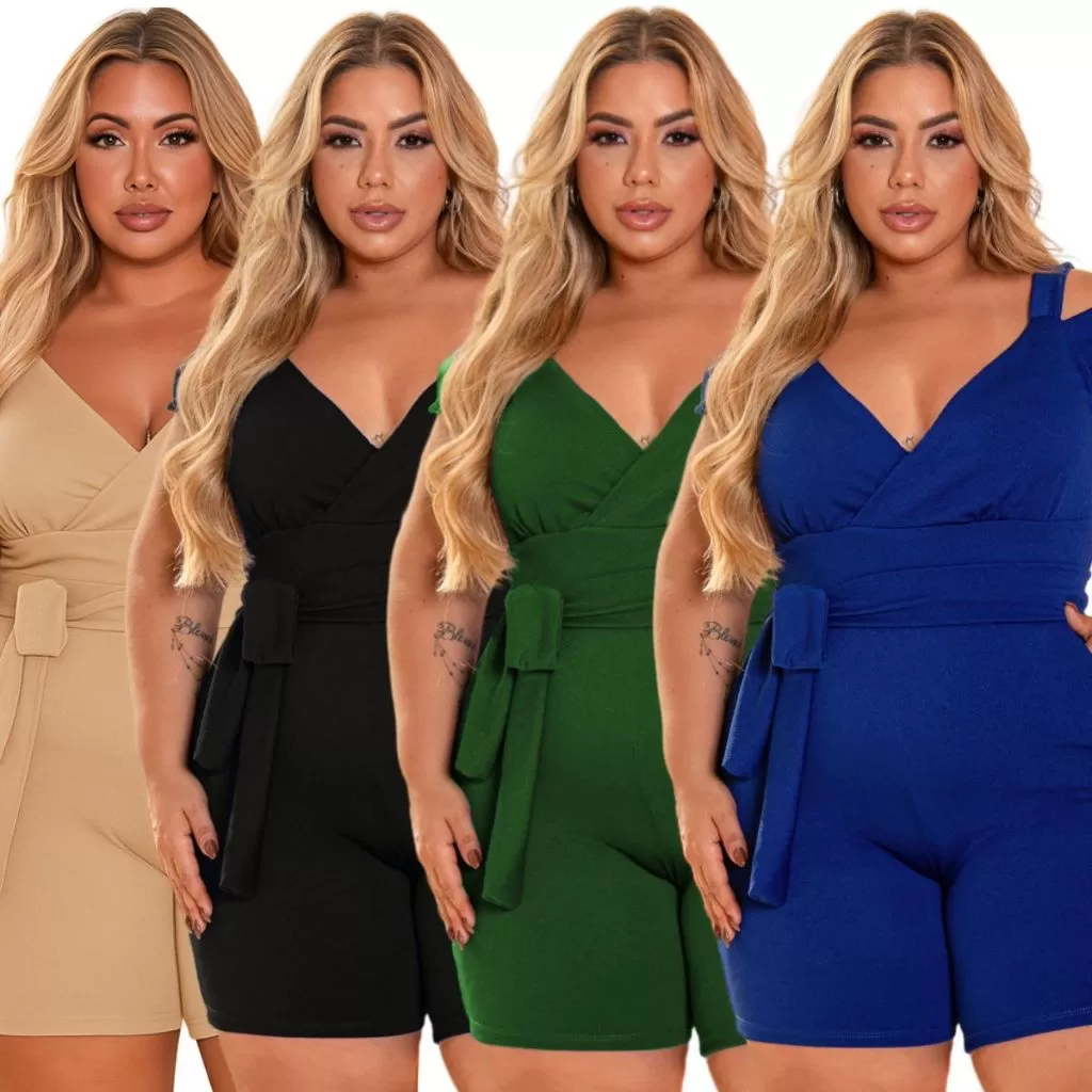 Macaquinho Moda Plus Size Feminino Forrado no Busto Macacão Verão Com Short GG G1 G2 G3 G4