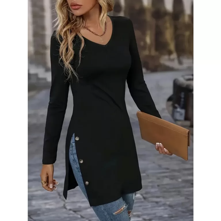 Vestido Blusão Manga Longa Gola V com Abertura La