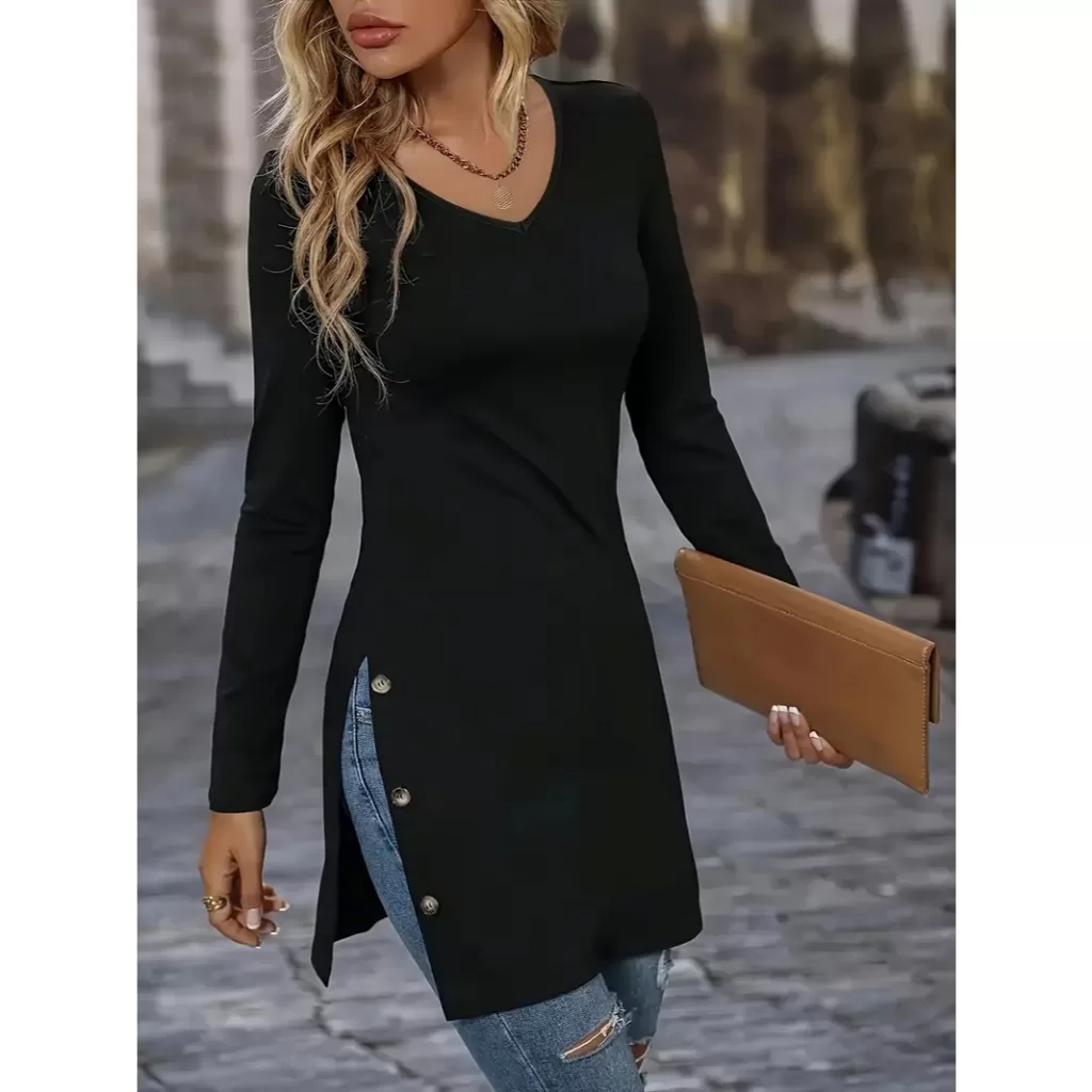 Vestido Blusão Manga Longa Gola V com Abertura Lateral e Botão Decorativo Primavera E Outono inverno