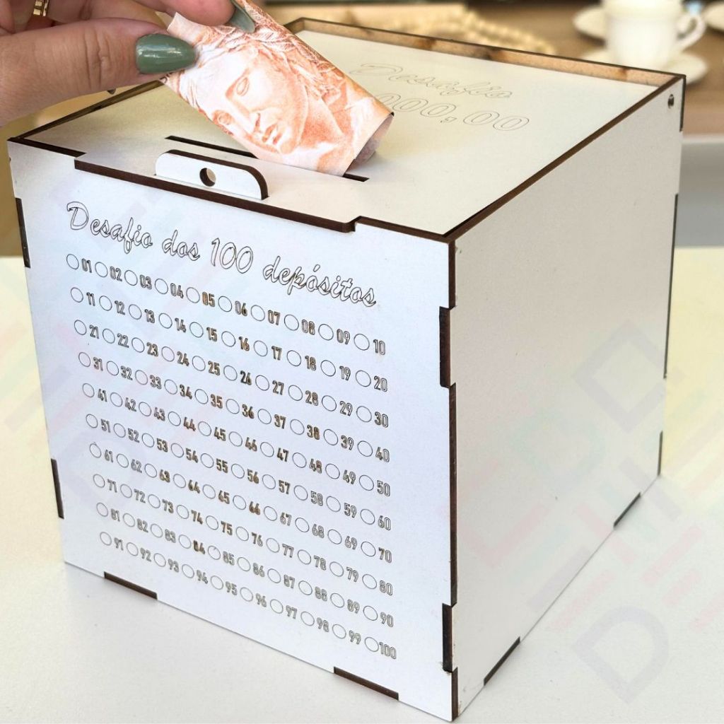 Cofre Desafio 100 Depósitos 5000 Dinheiro Poupança Mdf Economia Metas Moedas Cofrinho Caixa Woodbox
