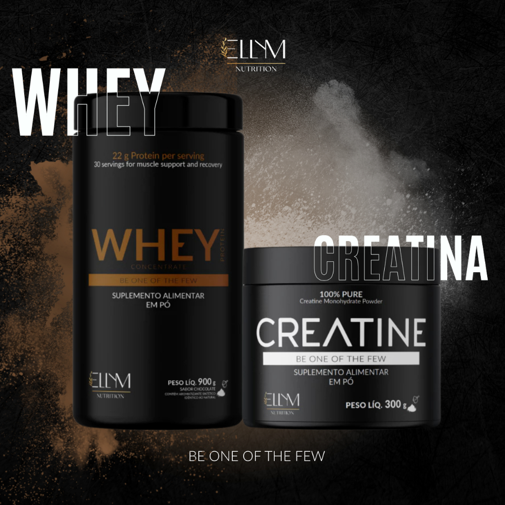 Kit Treino Whey Protein 900g + Creatina 300g Ellym Nutrition Suplemento Força Nutrição Esportiva