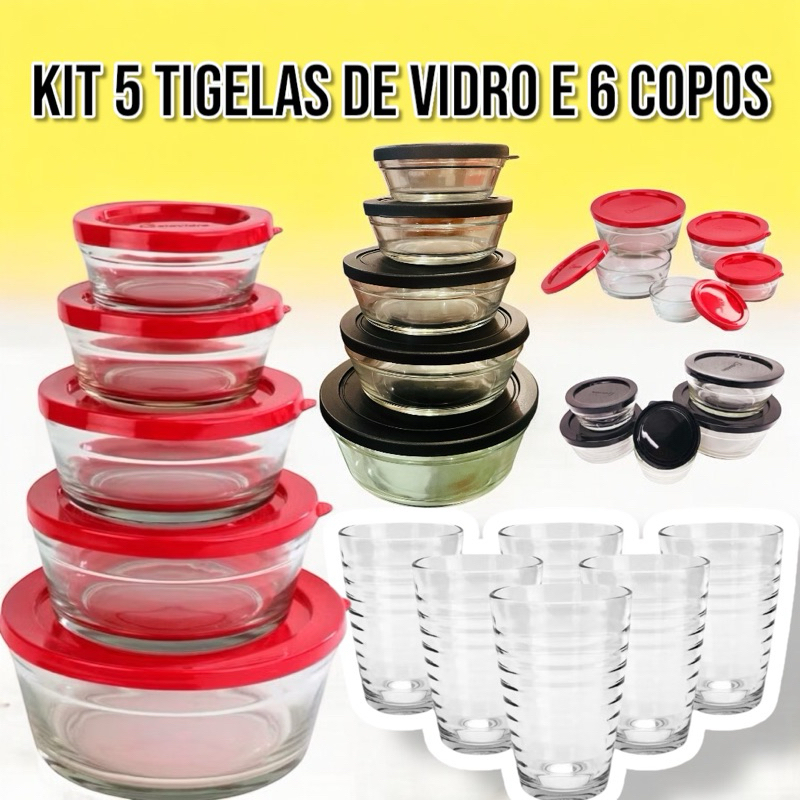 Kit 5 Tigelas de Vidro e 6 Copos de Vidro de 200 ml Potes Multiuso Pode ir ao Microondas