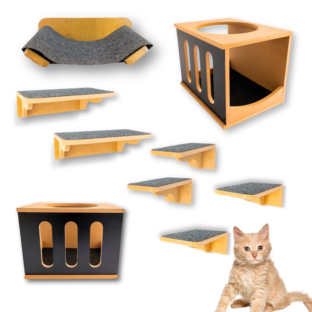 Playground Gato 9pçs REFORÇADO Carpete Antiderrapante Nichos Prateleiras Montados Parque Gato