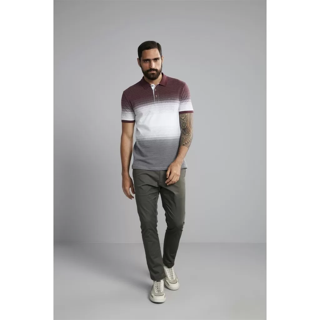 Polo Manga Curta Piquet Slim Fit – Vinho / Cinza Escuro