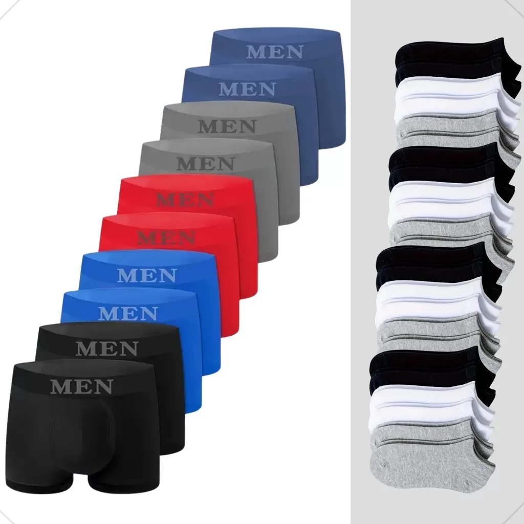 Kit 10 Cuecas Boxer em Microfibra Sem Costura e 12 Meias Soquete Algodão Conforto e Qualidade