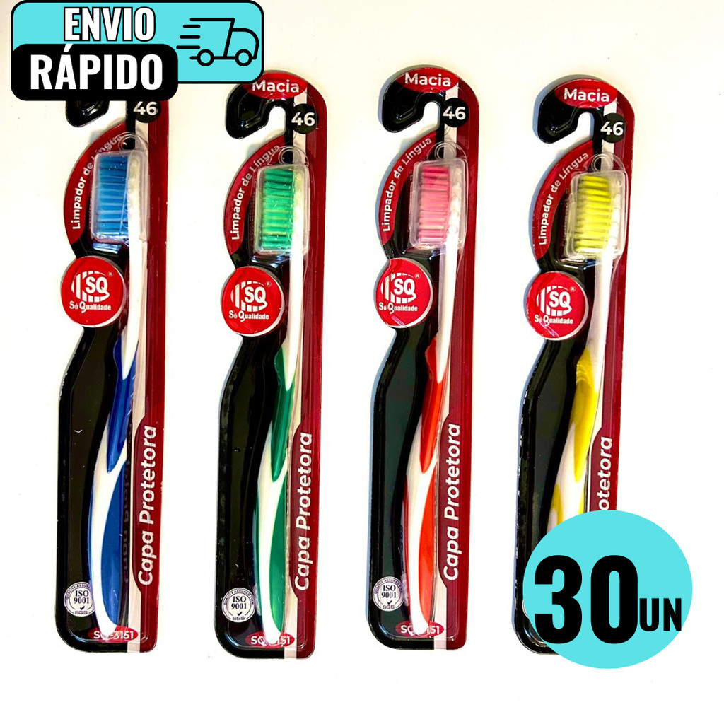 Kit 30 Escovas De Dentes Com Limpador De Linguas 46 Cerdas Super Macia Capa Protetora Alta Qualidade