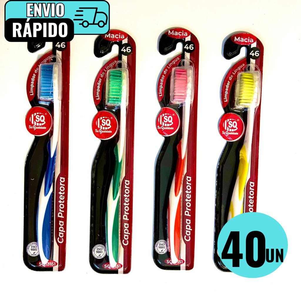 Kit 40 Escovas De Dentes Com Limpador De Linguas 46 Cerdas Super Macia Capa Protetora Alta Qualidade