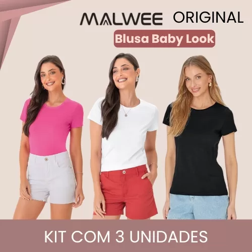 Kit 3 Blusas Baby Look Feminina Adulto 100% algod�