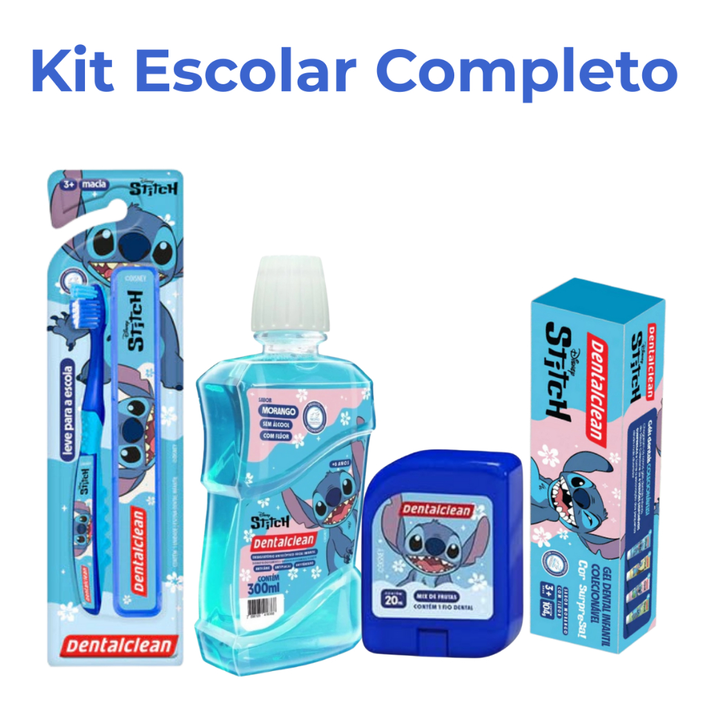 Kit Escolar Infantil Fio Dental Escova Azul Enxaguante e Creme Dental Cores Sortidas Colecionáveis S