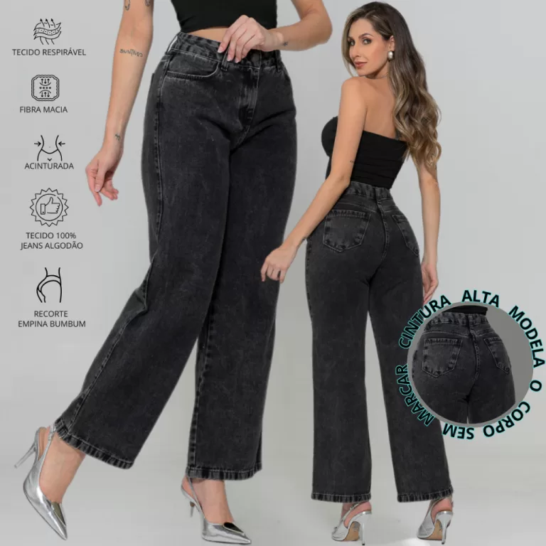 Calça Jeans Wide Leg Feminina Cintura Alta Sem Ly