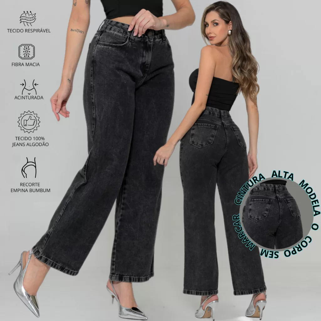Calça Jeans Feminina Wideleg Pantalona Grafite Marmorizada 34 Ao 44