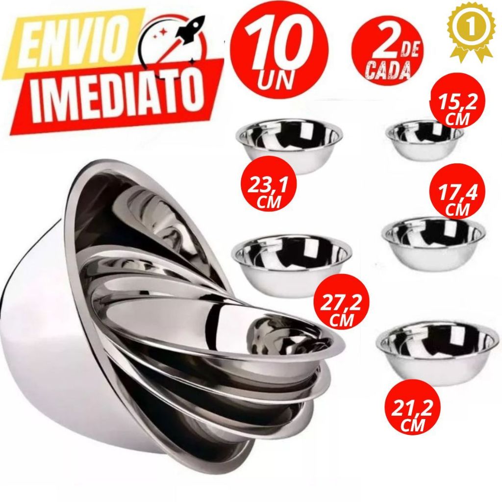 Kit 10 Tigelas Bowls Saladeira 27,2 , 23,1 , 21,2 17,4 e 15,2CM Em Aço Inox Casa Cozinha Restaurante