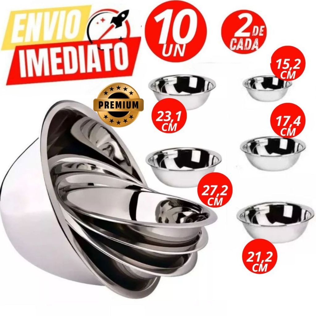 Conjunto 10 Tigelas Bowls Saladeira 27,2 , 23,1 , 21,2 17 Em Aço Inox Excelente Qualidade Casa Cozin