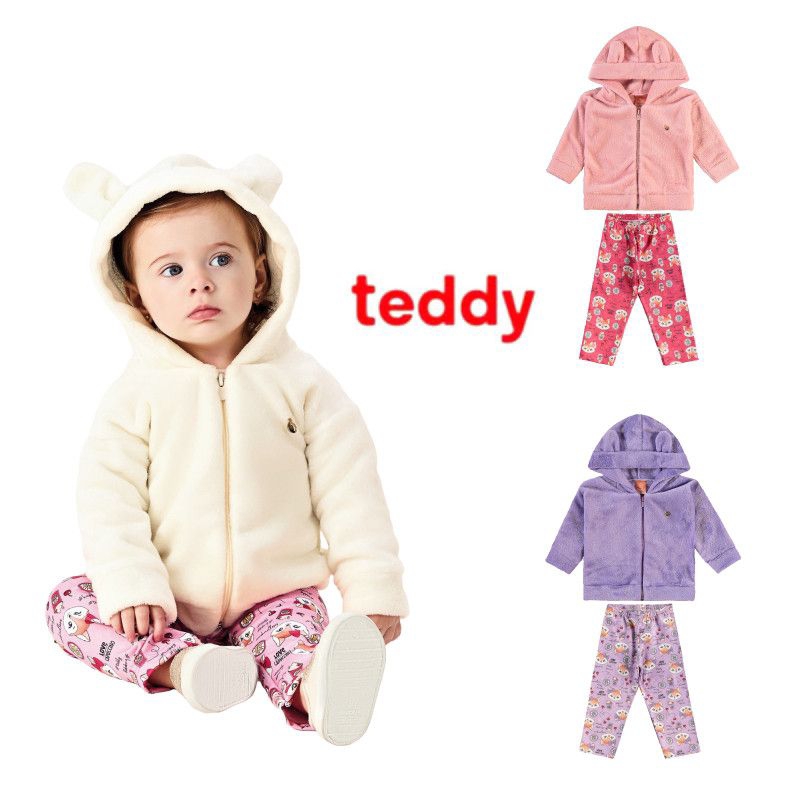 Conjunto bebê menina com casaco em plush e calça flanelada Teddy M ao G 18009