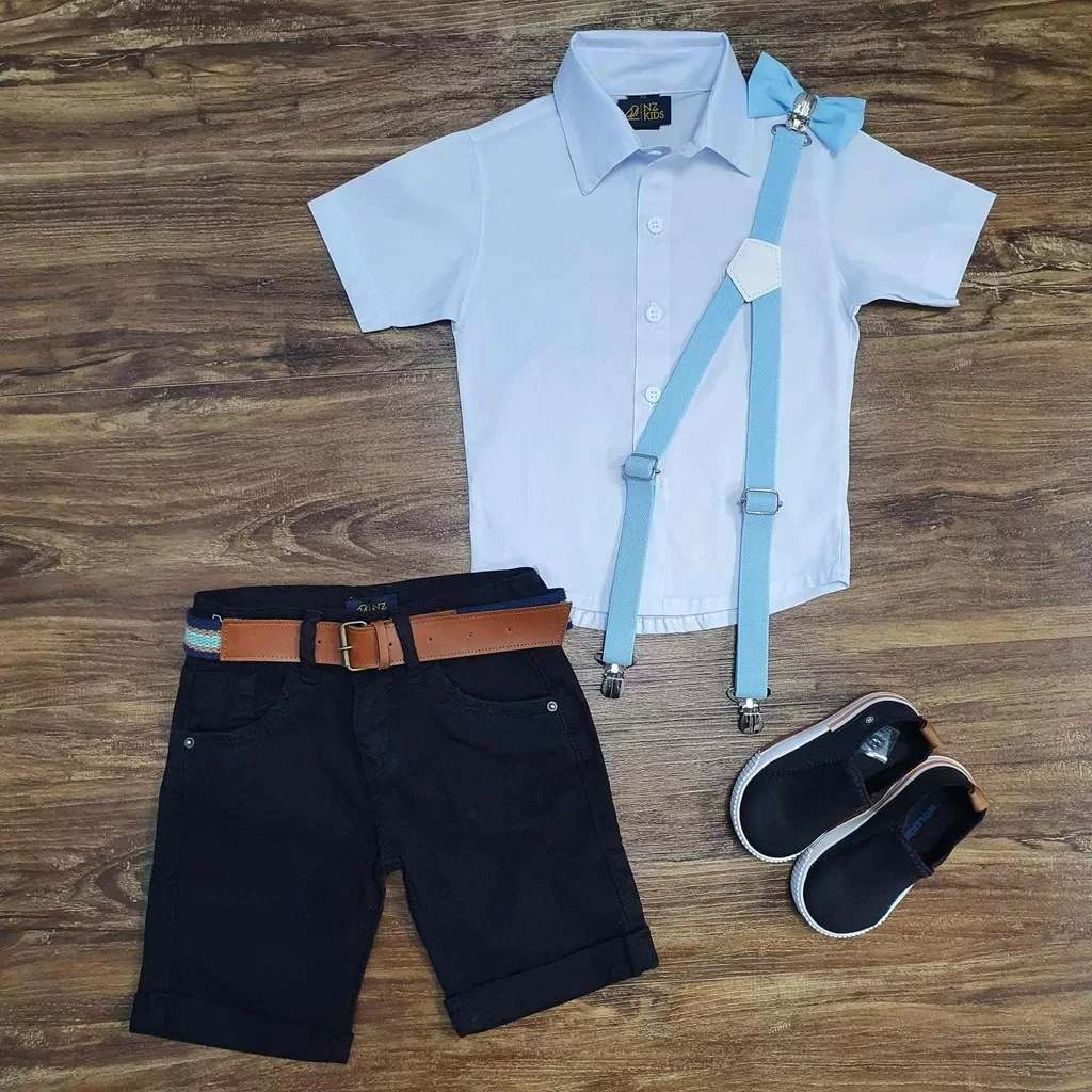 Camisa Branca Manga Curta com Bermuda Preta Infantil