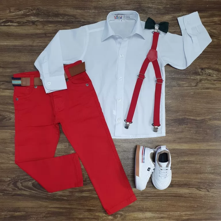 Calça Vermelha com Suspensório e Camisa Social c