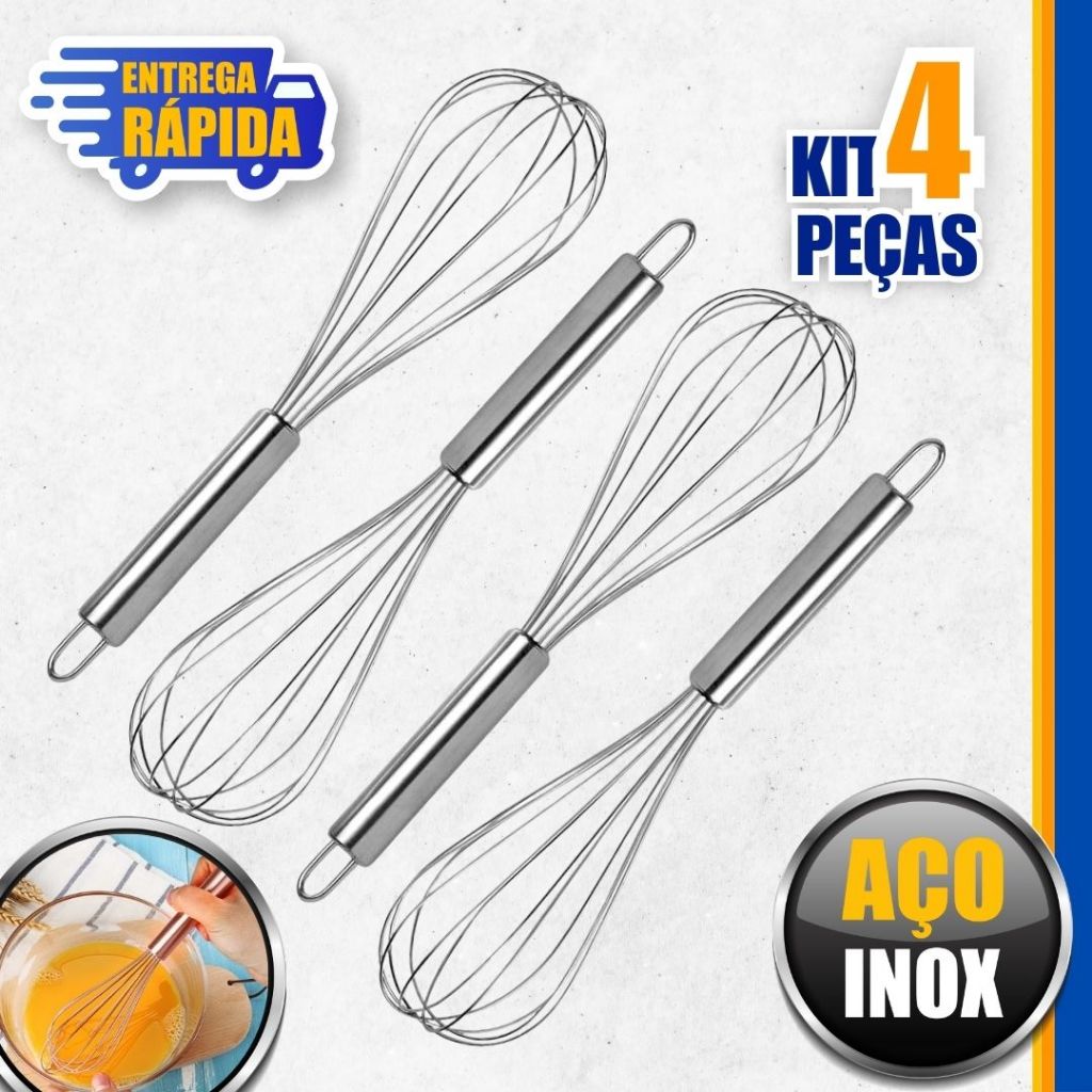 KIT 4 Batedor de Ovo e Massas Em Aço Inox Fouet Fue Profissional o Mixer Manual 30cm