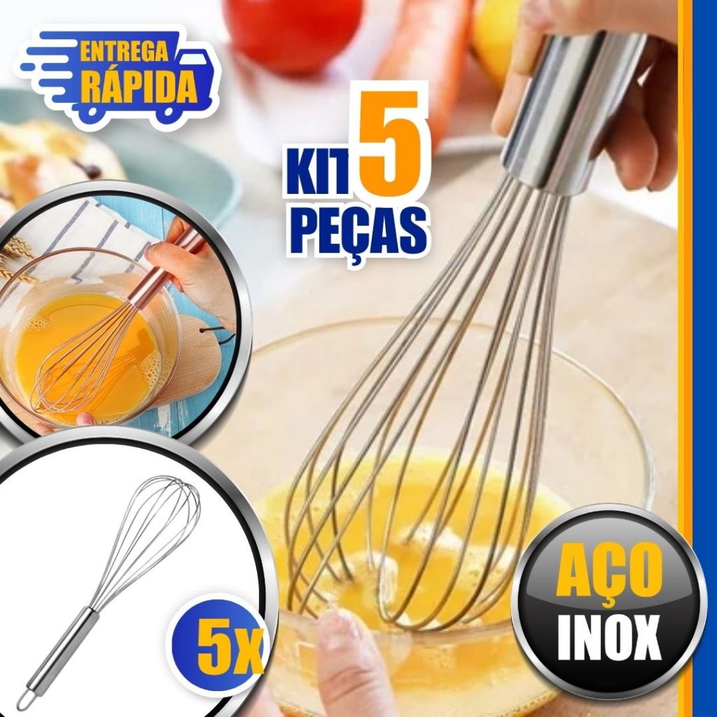 KIT 5 Batedor de Ovo e Massas Em Aço Inox Fouet Fue Profissional o Mixer Manual 30cm