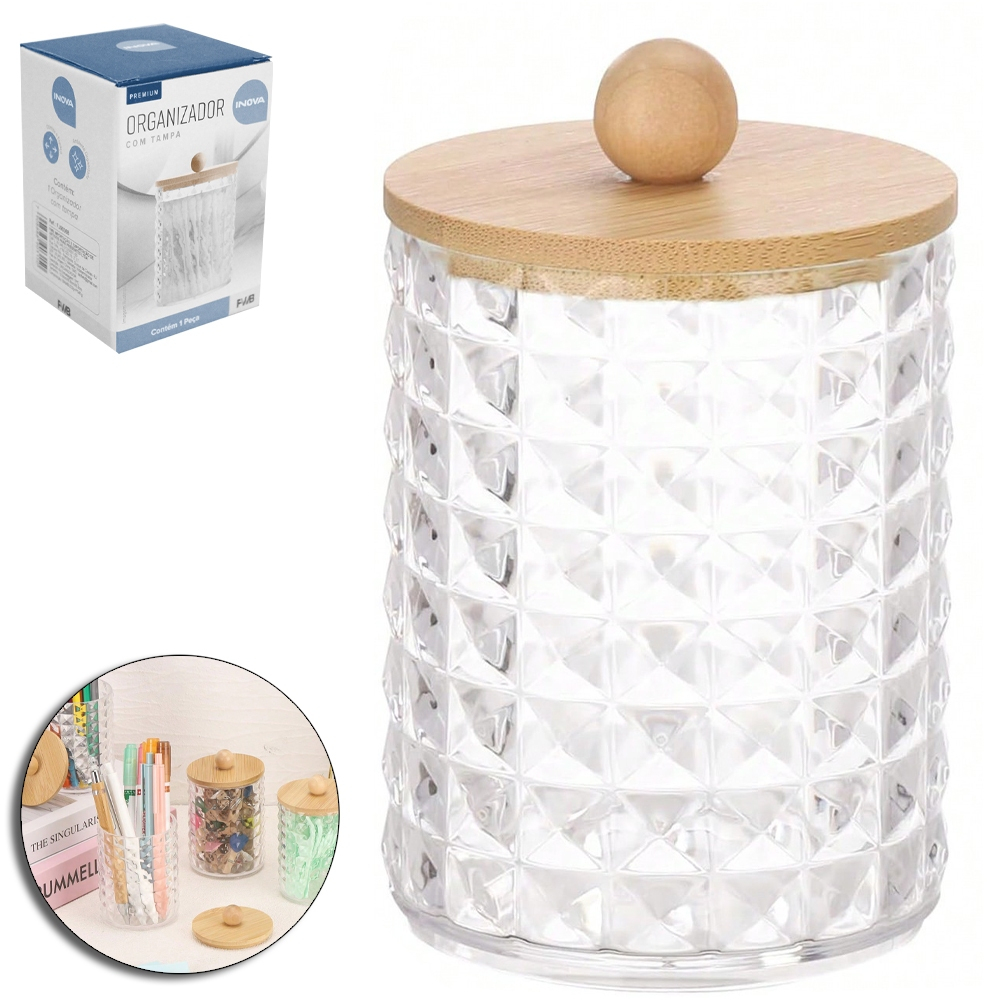 Organizadores Porta Algodão e Porta Cotonete com Tampa de Bambu