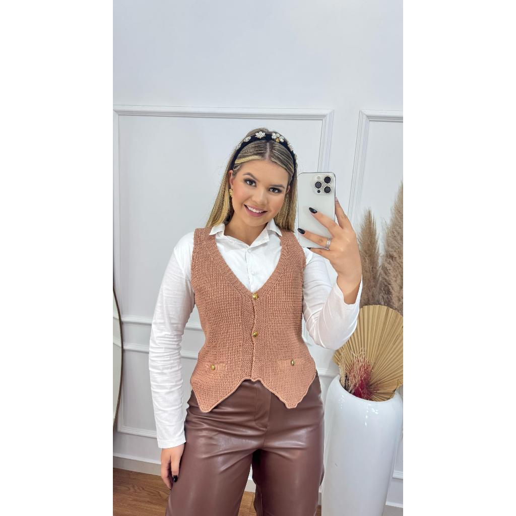 Colete Regata Feminino Tricot Alfaiataria Texturizado Botões Outono Inverno Verão Tricoliny Modas