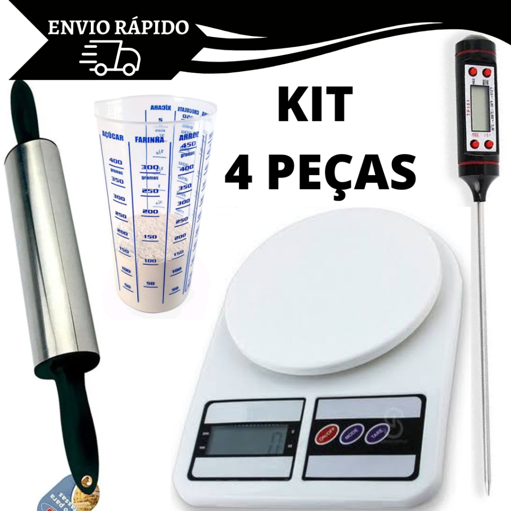 Kit Confeiteiro 4 Peças Rolo Inox Copo de Medida Balança Digital e Termômetro Culinário