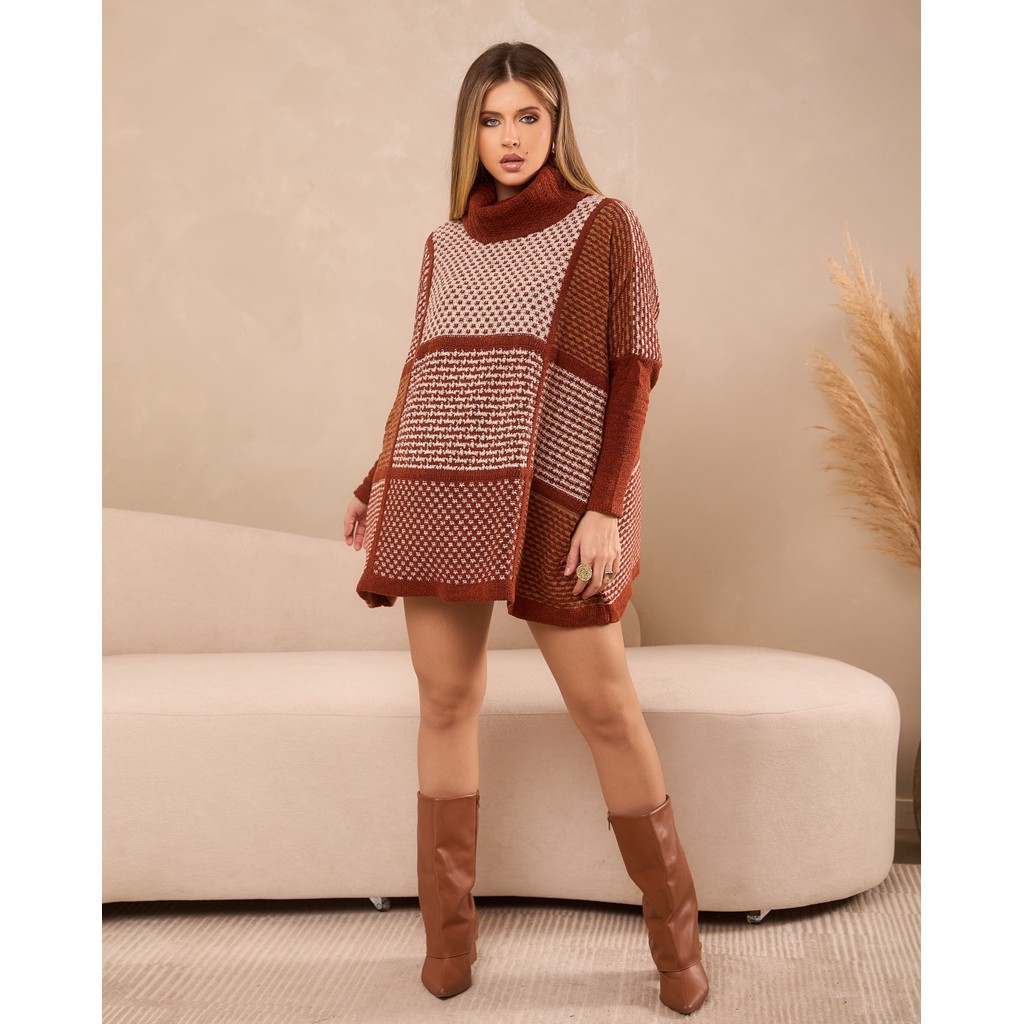 Poncho Feminino Tricô Mousse Quadriculado Gola Alta Manga Longa Amplo Elegante Inverno