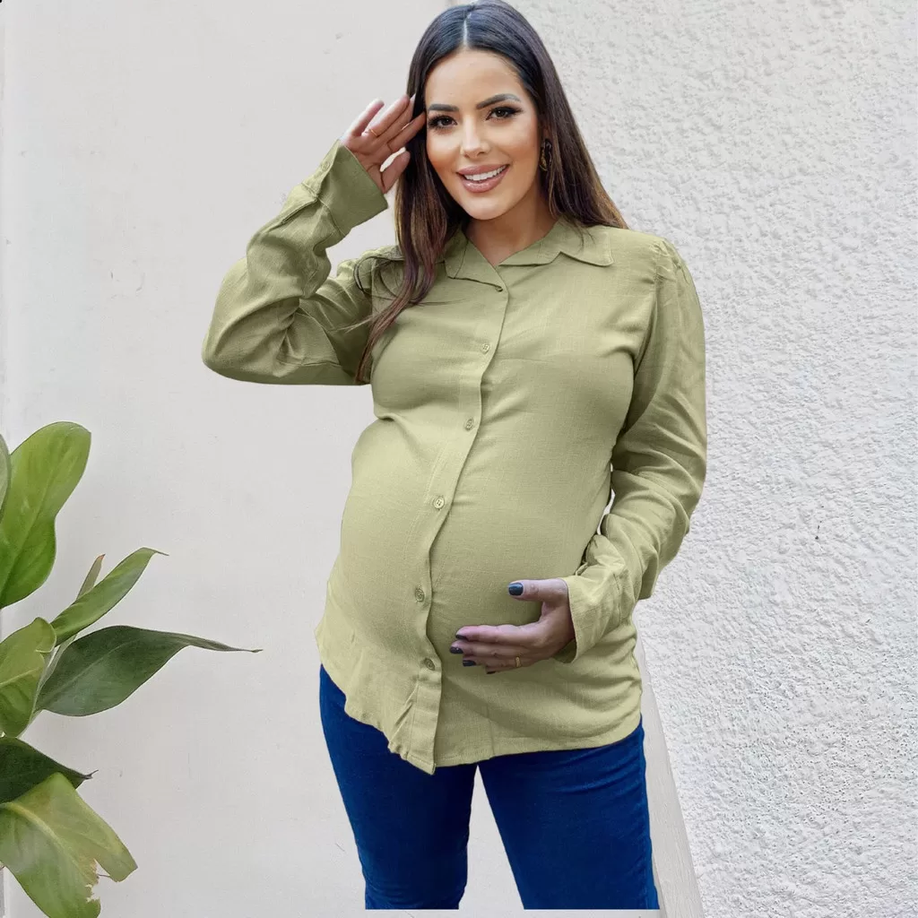 Camisão Gestante Amamentação Elegante Manga Longa Maternidade Cós Anatômico