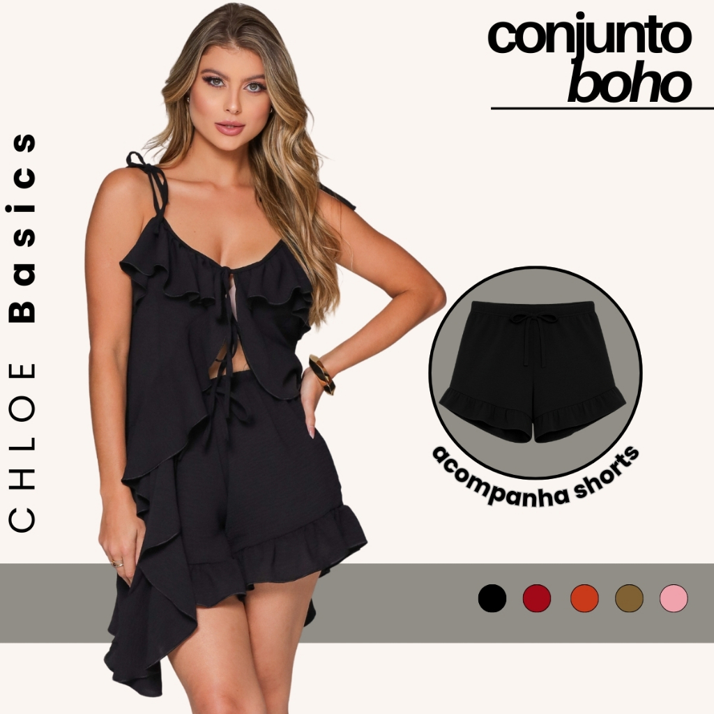 Conjunto Boho Feminino Bata Amarração e Shorts Elástico Com Forro