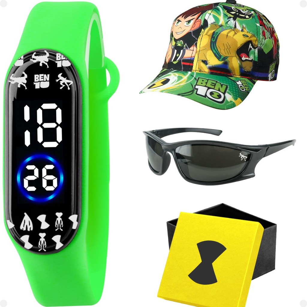 bone caixa + relogio digital infantil + oculos protecao uv preto criança ben 10 luz original acetato