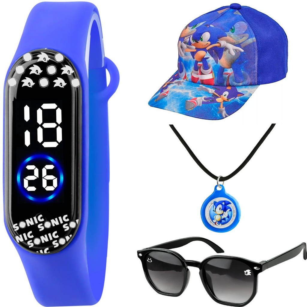 Relogio Infantil Digital + Bone + Oculos Protecao UV + Colar data silicone sonic preto original luz