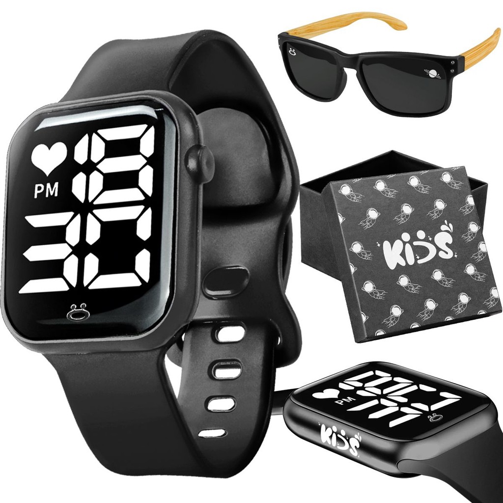 Relogio Infantil Digital + Caixa + Oculos Proteção Sol UV qualidade premium resistente presente