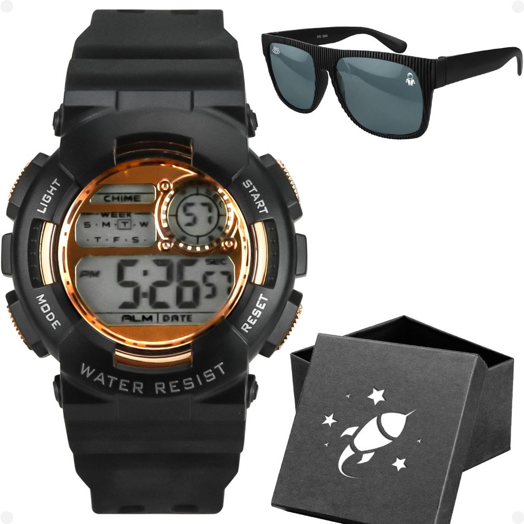 Relogio infantil digital menino preto + oculos sol + caixa cronometro criança rose qualidade premium