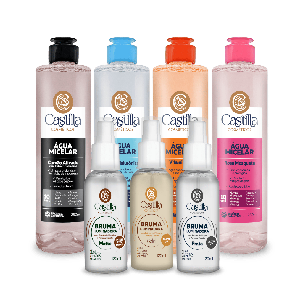 Kit 3 Brumas Castilla + Água Micelar 250mL | Skincare e Fixação com Ativos Naturais