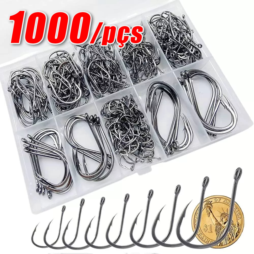 Kit 1000 Anzóis de Aço Alto Carbono, Sortidos #3 ao #12, Acessórios de Pesca com Estojo de Armazenam