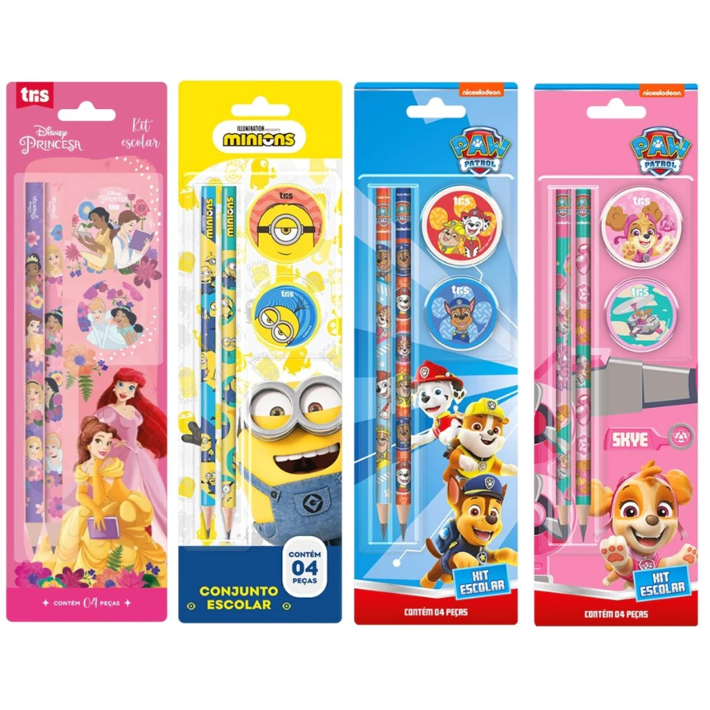 Kit escolar Barbie / Princesas / Patrulha Canina / Batman – 4 peças – 2 Lápis /1 Borracha/1 apontado