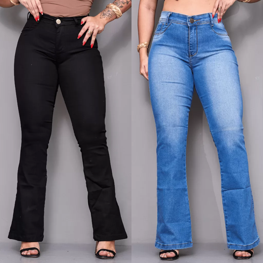 Kit Calça Jeans Feminina Flare com Lycra Wide Leg Cintura Alta Strech Hot Pants Empina Bumbum Social