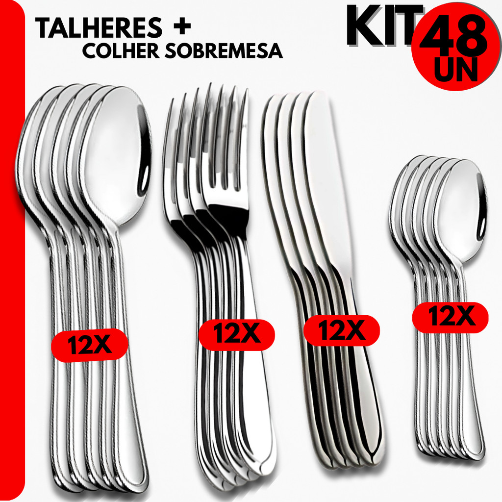 48 Pçs de Colheres, Garfos, Facas e Colheres de Sobremesa para Jantar, Bares, Restaurante e Festas