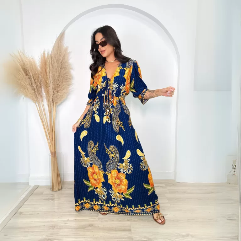 Vestido Longo Inspiração Farm com Manga Vestido 