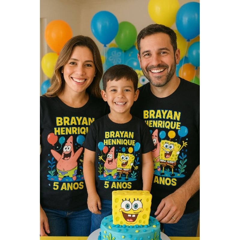 Kit 3 Camisetas Personalizadas Aniversário Infantil Bob Esponja Patrick | Família | Nome e Idade |
