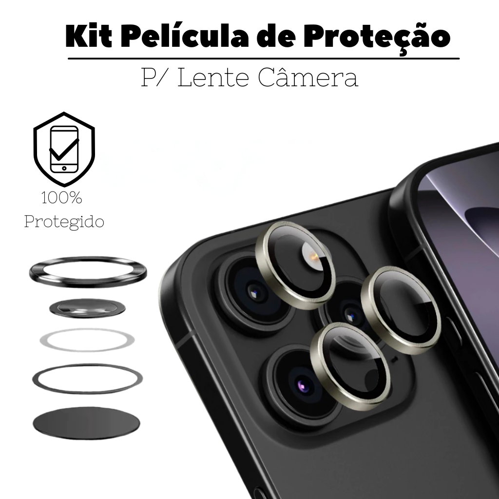 Kit 3 Cartela  Película Lente Câmera iPhone 11 12 13 14 15 16 Pro Max Vidro Temperado
