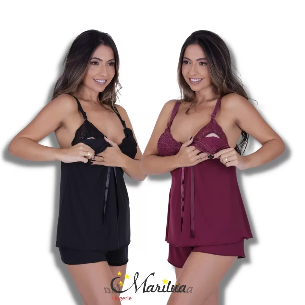 Kit 2 Pijamas Amamentação com Renda | Click Fácil Pós-Parto  Confortável e Charmoso