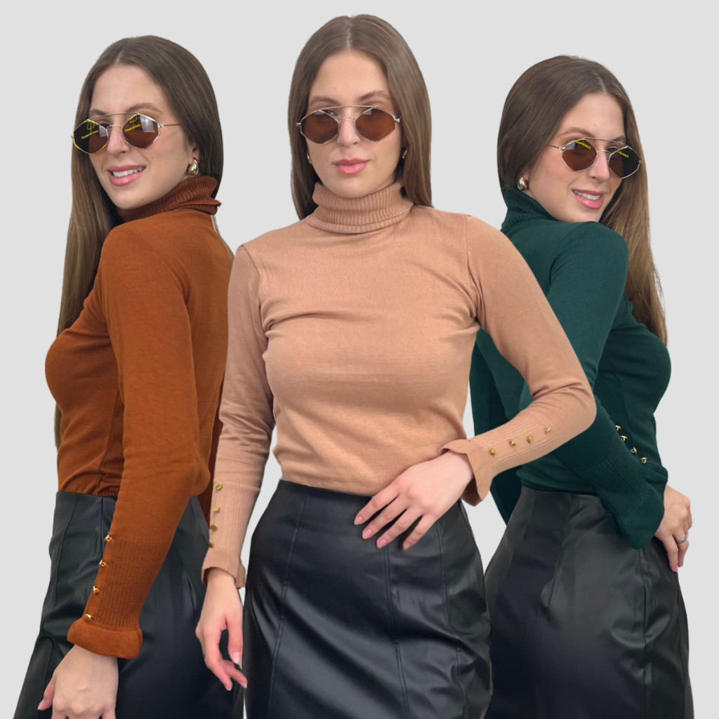 Kit 3 Blusa de Frio Feminina Tricô Cacharrel Suéter Gola Alta Tricot Inverno