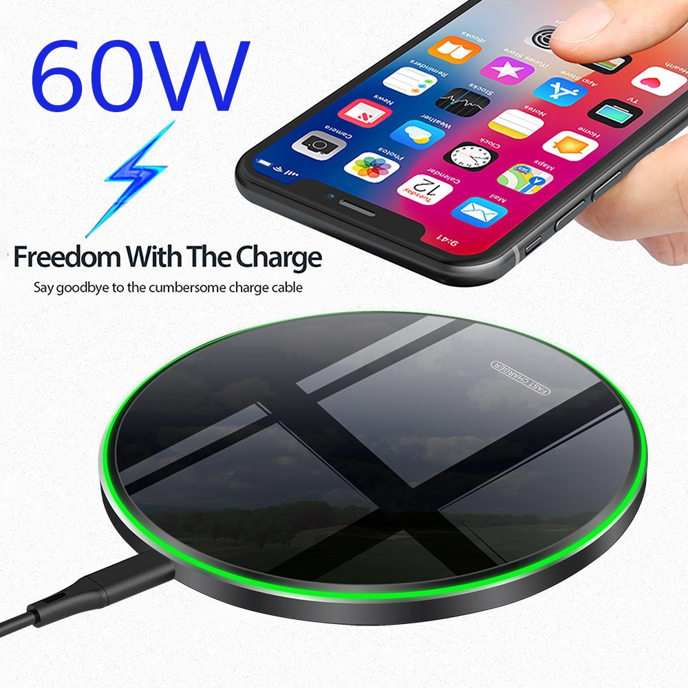 Carregador Sem Fio De 60W Rápido QC 3.0 Para iPhone 14 13 12 11 XS XR X 8 Samsung S22 S21 S20