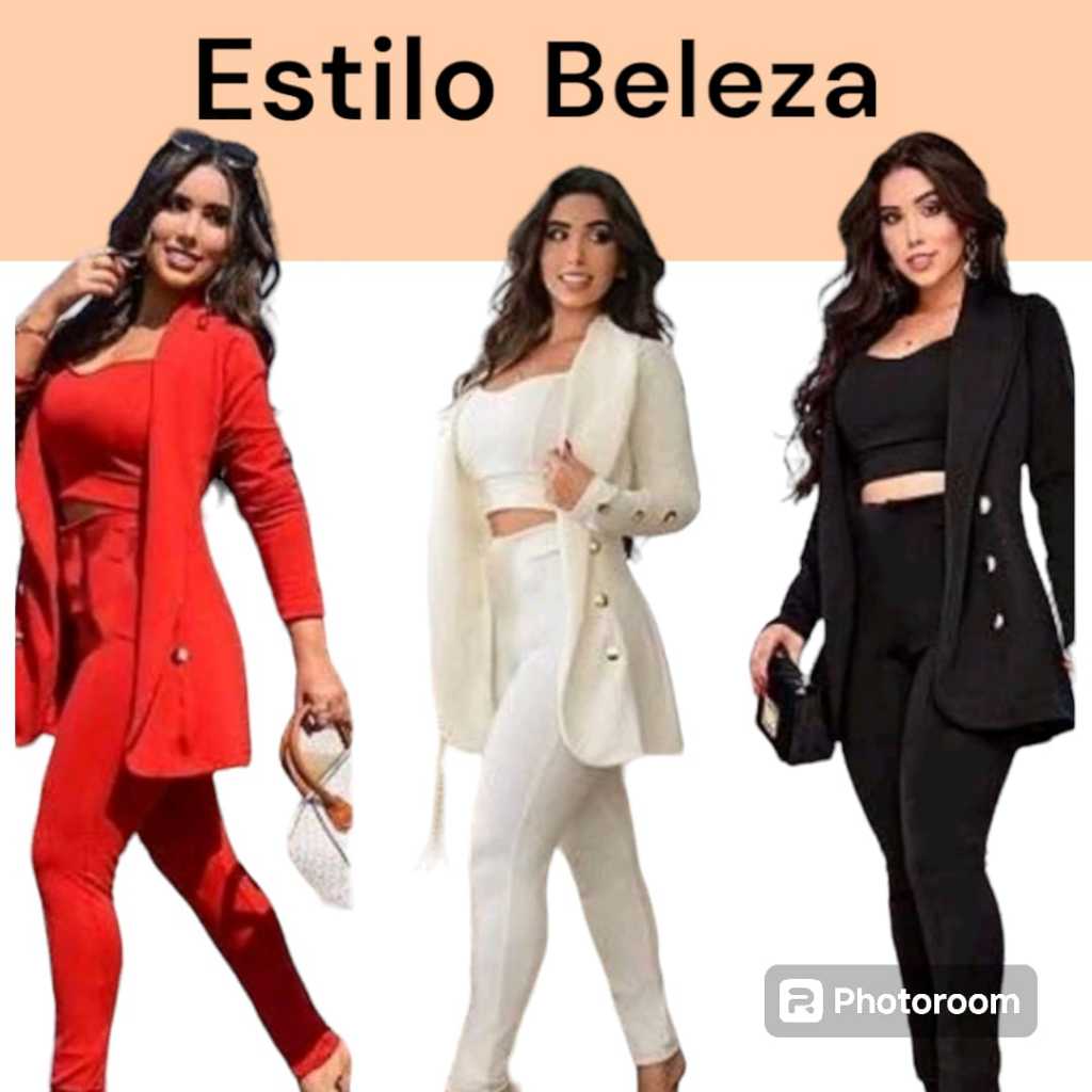 Conjunto Alfaiataria Feminino blazer  3 Peças Moda Blogueira Max Blazer Longo Cropped Calça Neoprene